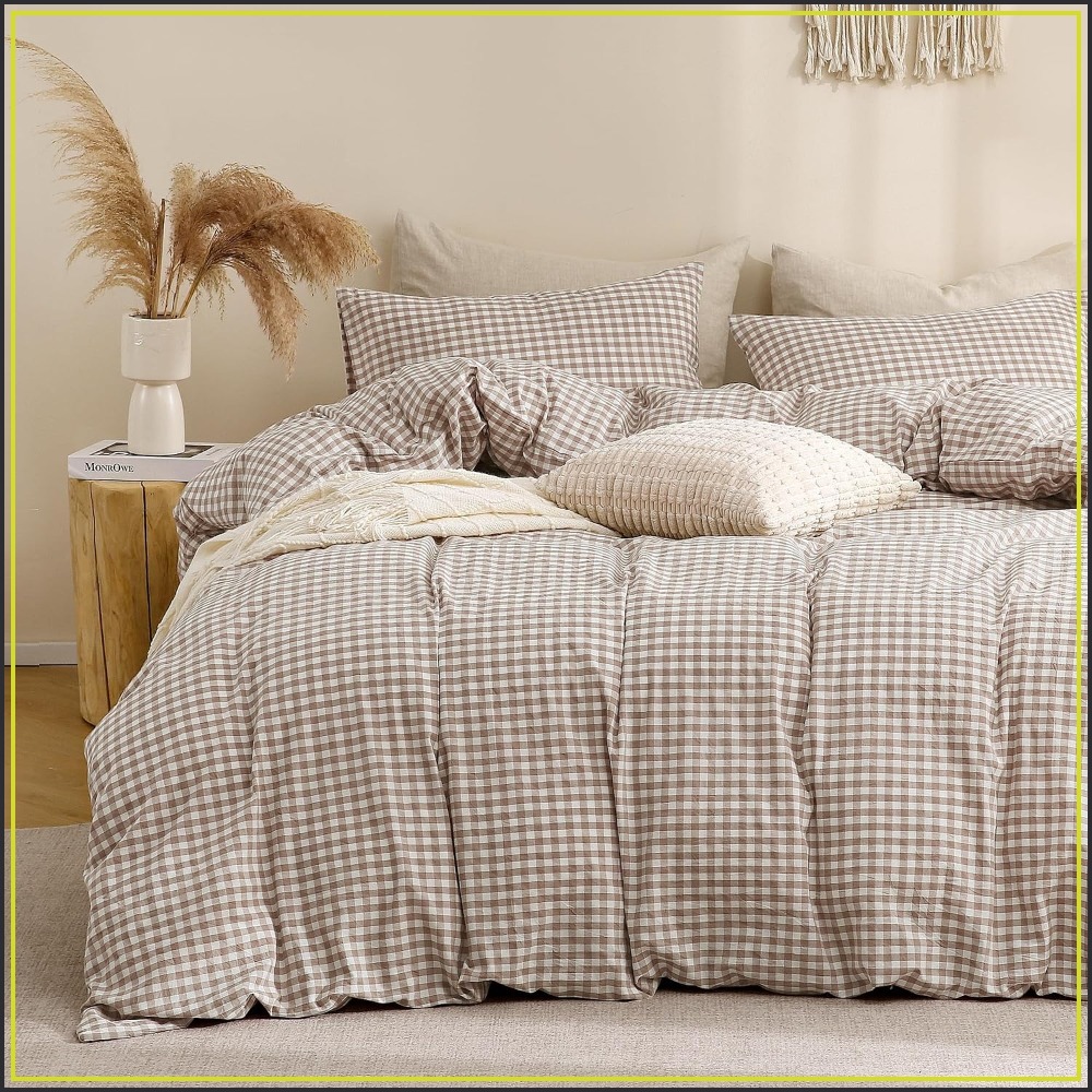 Linen Duvet Cover - Tan Gingham Duvet Cover Set 100%